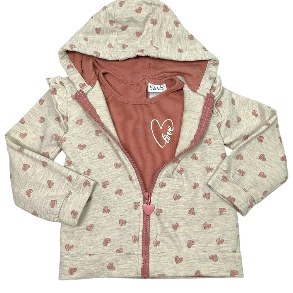 Nicole Miller 3pc Outfit Set Toddler Girls 3T Pink Heart Hoodie Tee Joggers